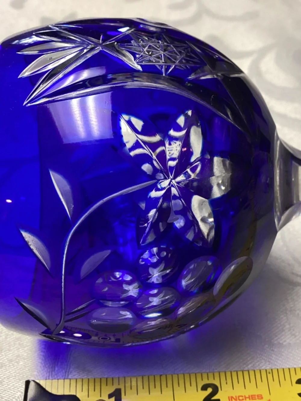 BLUE ETCHED WINE GLASS. COBALT BLUE HOCK